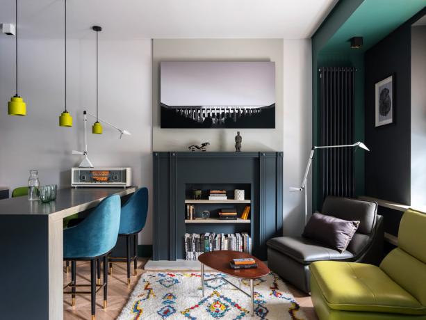 Green magamistuba, köök ja lagi: Stiilne odnushka 38 m²