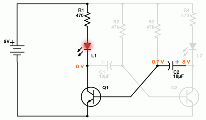 Kohe pinge kondensaatori C2 kiiresti jõuab 7-8, kui LED tuled vasakul.