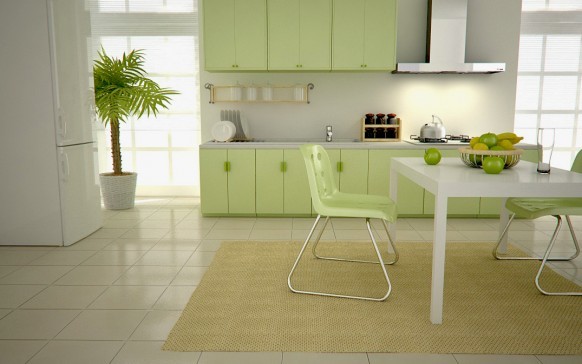 Rohelise köögi valge tapeet rõhutab soodsalt roheliste heledate toonide hellust