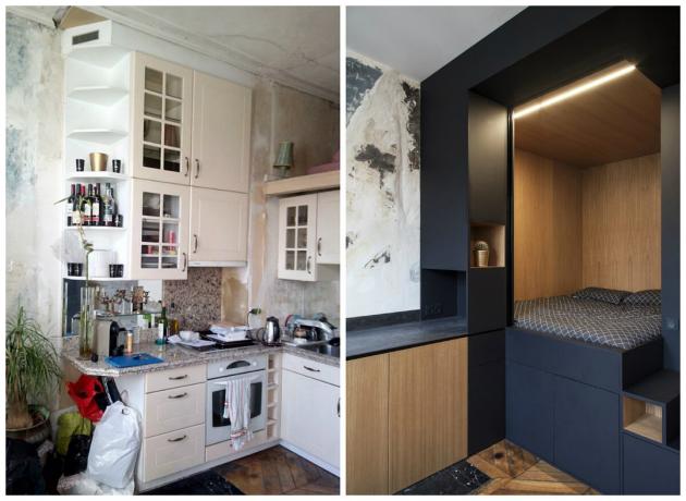 Bold interjööri odnushki 32 m², kus on magamistuba kapp: enne ja pärast pildid