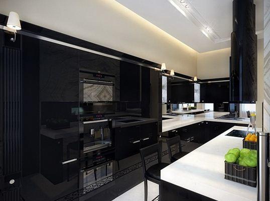 Läikiv must köök klassikalises kombinatsioonis lumivalge tööpinnaga