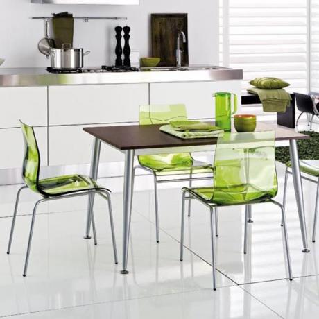 Heledad detailid interjööri muutmiseks - köögi rohelised toolid, värvilised nõud 
